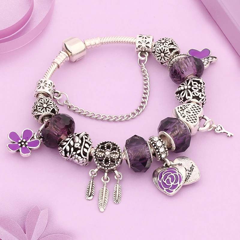 European Hot Sale Pink Crystal Heart Flower Beads Silver Charm Bangle Bracelet 