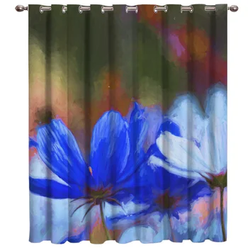 

Close-Up Of Watercolor Style Blue Flowers Window Curtains Dark Living Room Curtain Rod Kitchen Drapes Fabric Indoor
