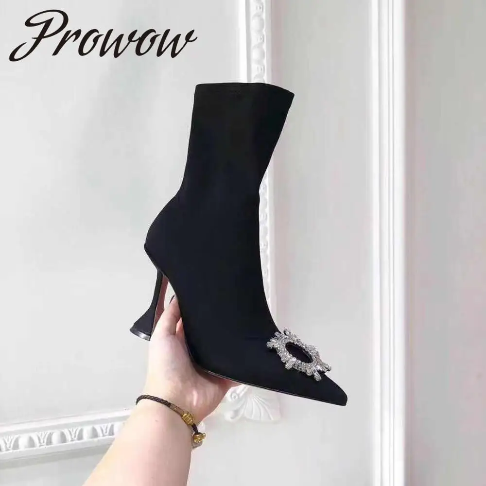 

Prowow New Black Satin Sexy Pointed Toe Ankle Boots Zip Side High Heel Crystal Beading Spring Boots Shoes Women