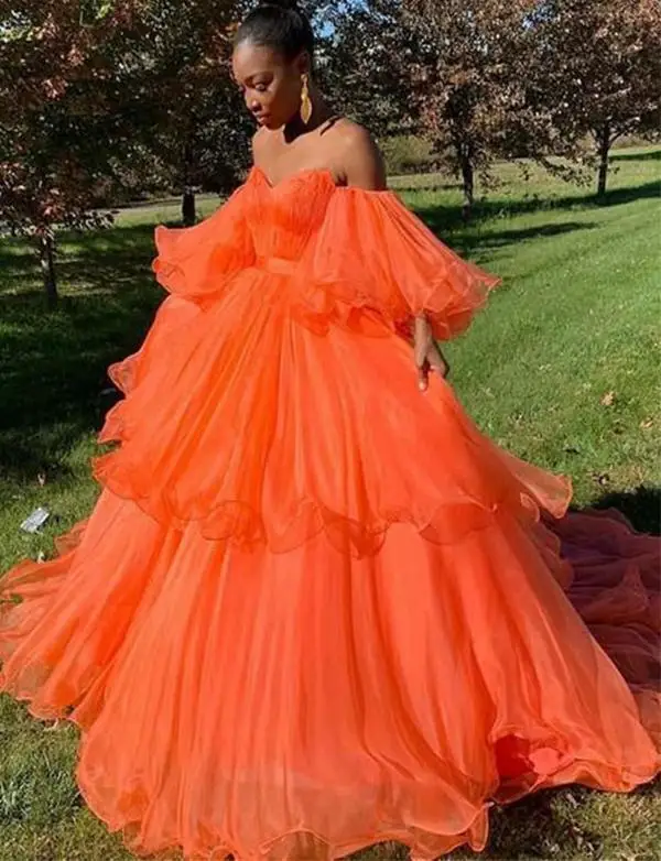 Оранжевые платья для выпускного вечера с открытыми плечами с большим рукавом Многоуровневое элегантное Пышное Бальное Платье африканская вечерняя одежда Vestidos robe de soiree gala