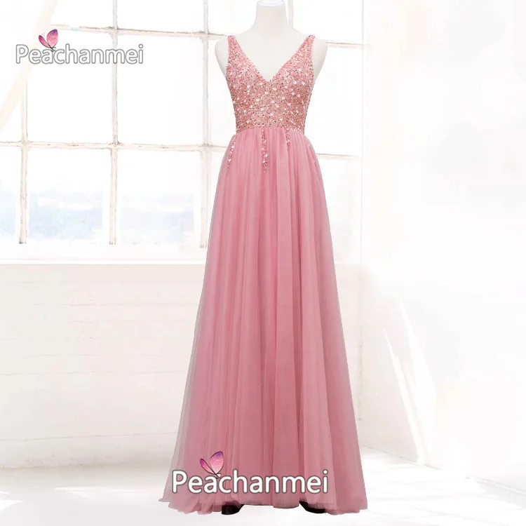 

Real Photos Formal Evening Dress Long A Line Robe De Soiree Prom Dress Tulle Elegant Ball Gowns Sexy Backless V Neck Party Dress