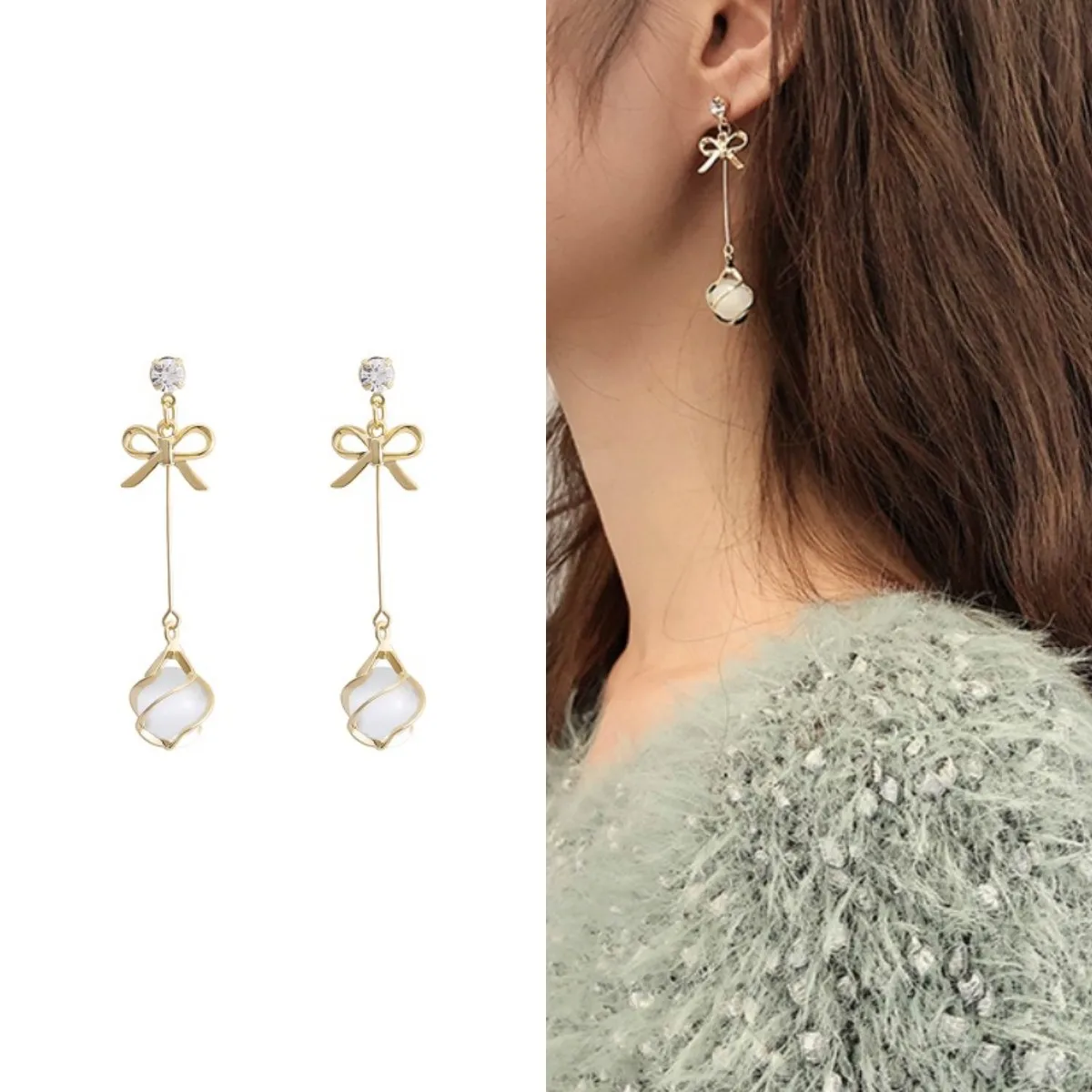 

Long Style Bowknot Earrings Winding Bead Design Temperament Contracted Tassel Ear Stud Women Girl Gift Advanced Feeling Jewelry