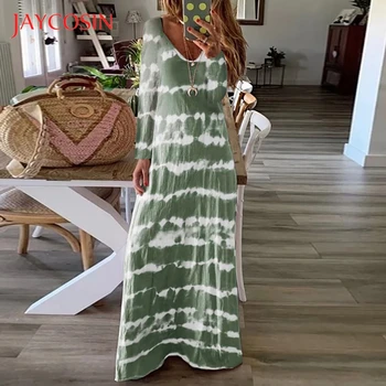 

JAYCOSIN Maxi Dress Women casual Loose Gradual Print vintage Long Sleeve O-neck Loose Long Dress vestidos Plus Size 5xl dress 86