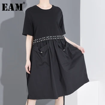 

[EAM] Women Black Pocket Rivet Split Joint Dress New Round Neck Short Sleeve Loose Fit Fashion Spring Summer 2020 2208 1T969
