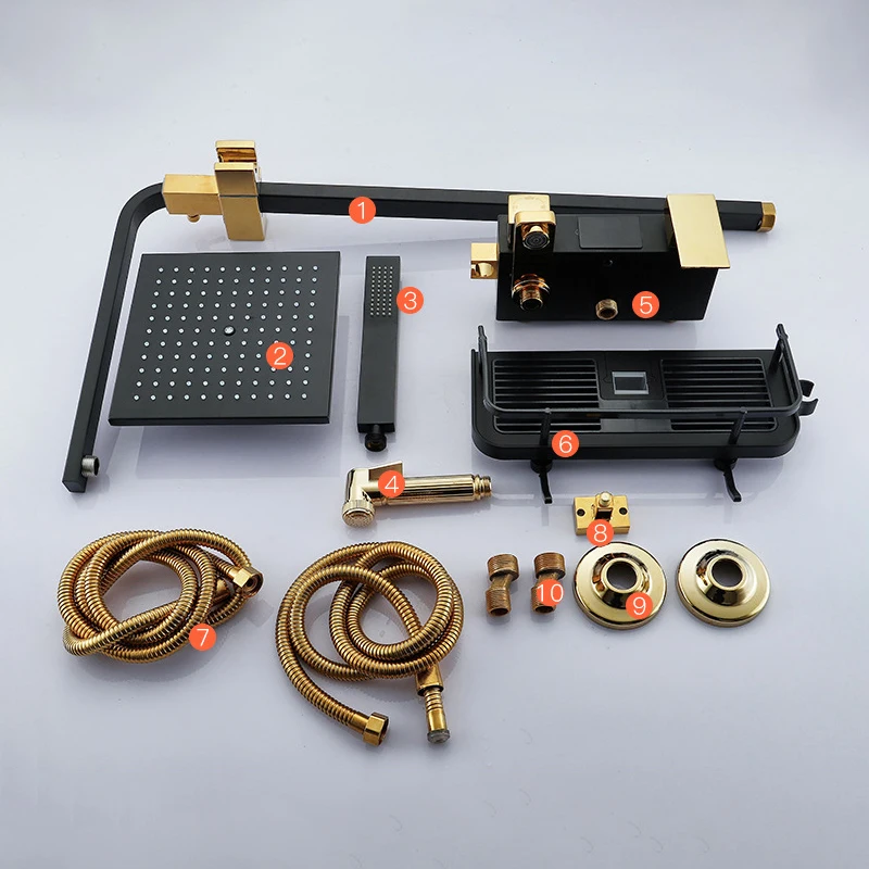 Hot Cold Shower System Bathroom Thermostatic Gold Shower Set Wall Mount SPA Rainfall LED Bath Faucet Square Head Modern Torneira