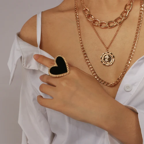 AENSOA-보헤미안 하트 골드 컬러 반지 여성용, BOHO Love Heart 라운드 에나멜 반지 2022 여성 손가락 성명 패션 쥬얼리 2