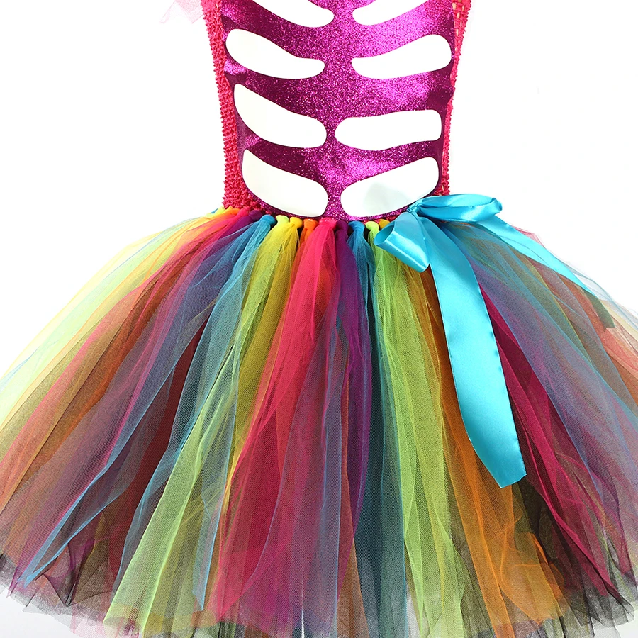 Children Day Of The Dead Halloween Costume Girls Skeleton Skull Dia Muertos Fancy Tutu Dress with Headband Cosplay Party Dress (11)