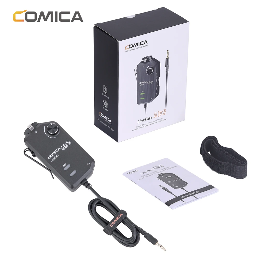 COMICA LinkFlex AD2 XLR/6,35 мм до 3,5 мм аудио предусилитель адаптер с фантомным питанием для iPhone/Android/Nikon/Canon камеры и гитары