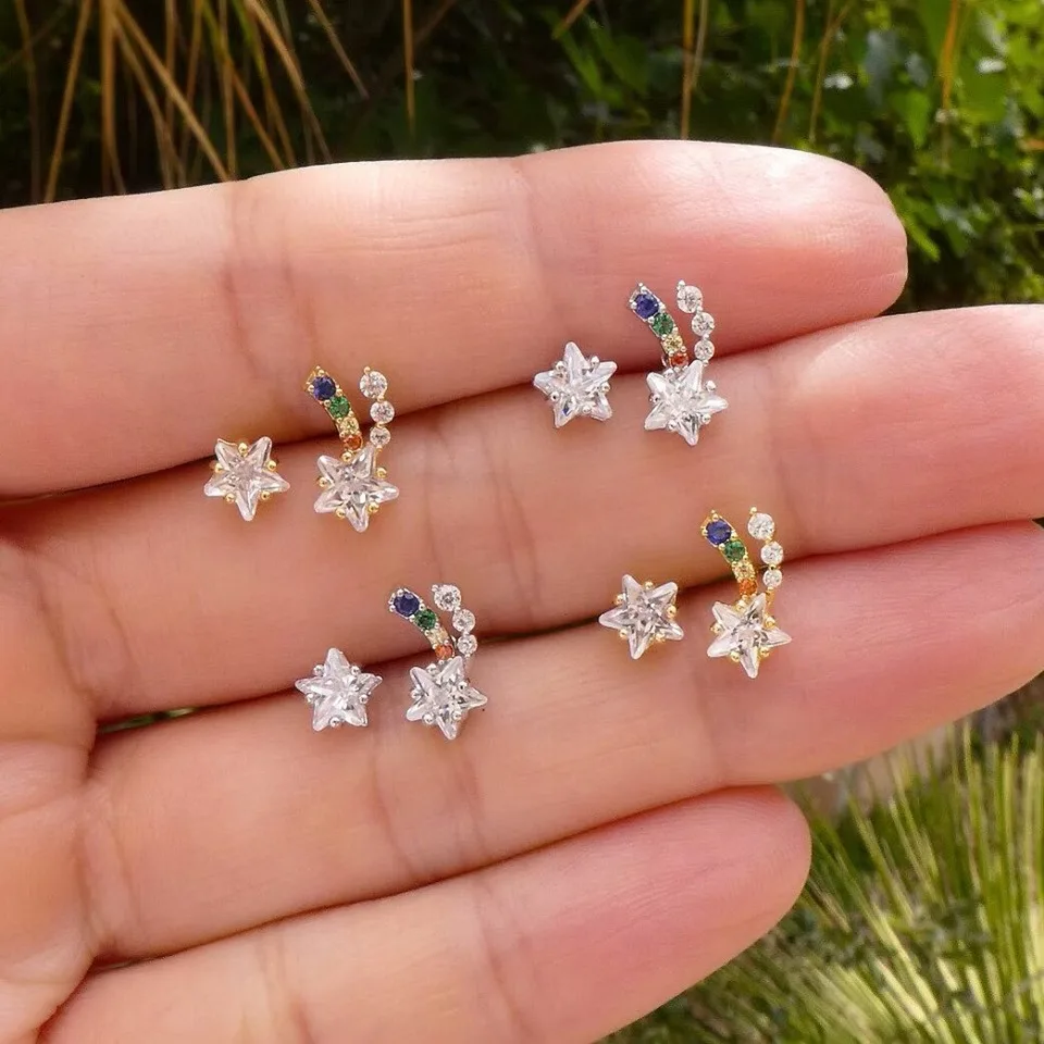 Single stone simple Star Shooting stud Earring For lady girl Christmas gift New festival jewelry with rainbow cz paved | Украшения и