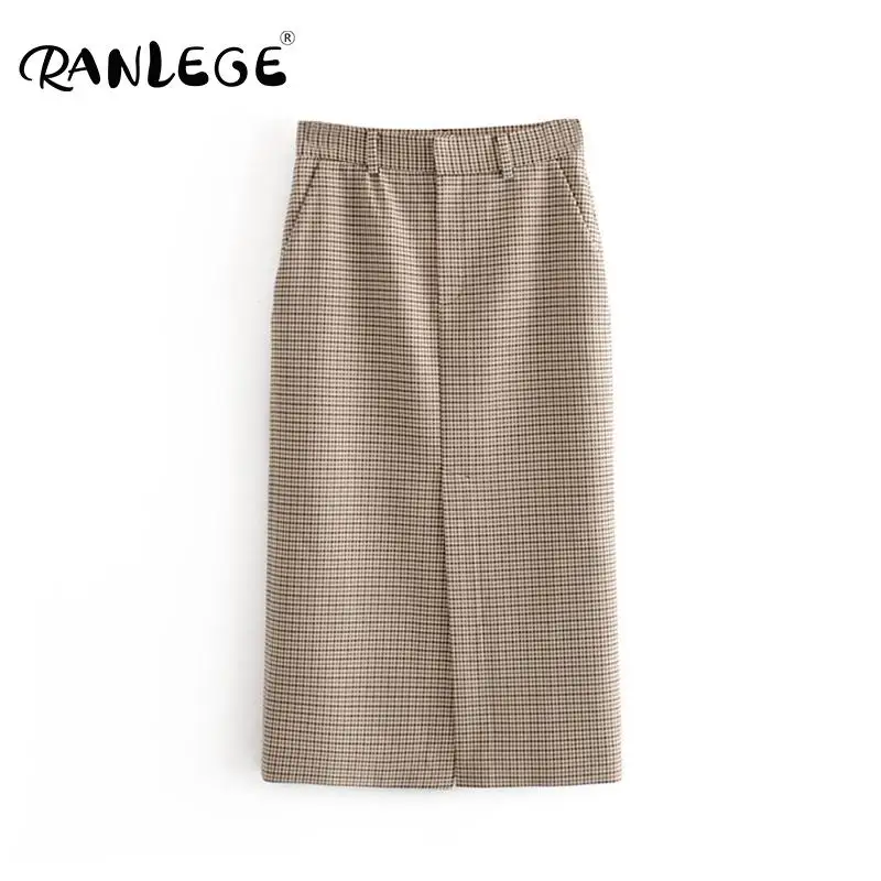 RANLEGE Vintage High Waist Plaid Pencil Skirt Spring Split Midi-long Skirts For Women Casual Pockets Zipper Female Office | Женская