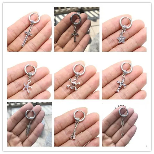 Готические корейские серьги серебряные панк рок из нержавеющей стали аллергический Круг Круглый Крест Звезда стрелка Череп серьги для мужчин и женщин