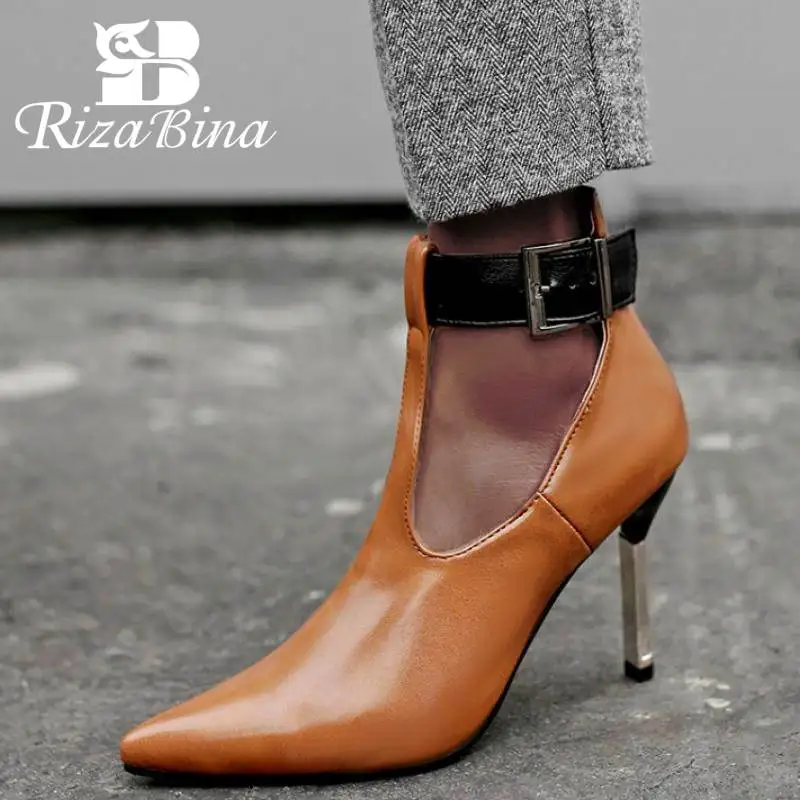 

RizaBina Plus Size 32-48 Women Pumps Fashion T-Strap Buckle Sexy Pointed Toe High Heel Shoes For Women Party Footwear Stilettos