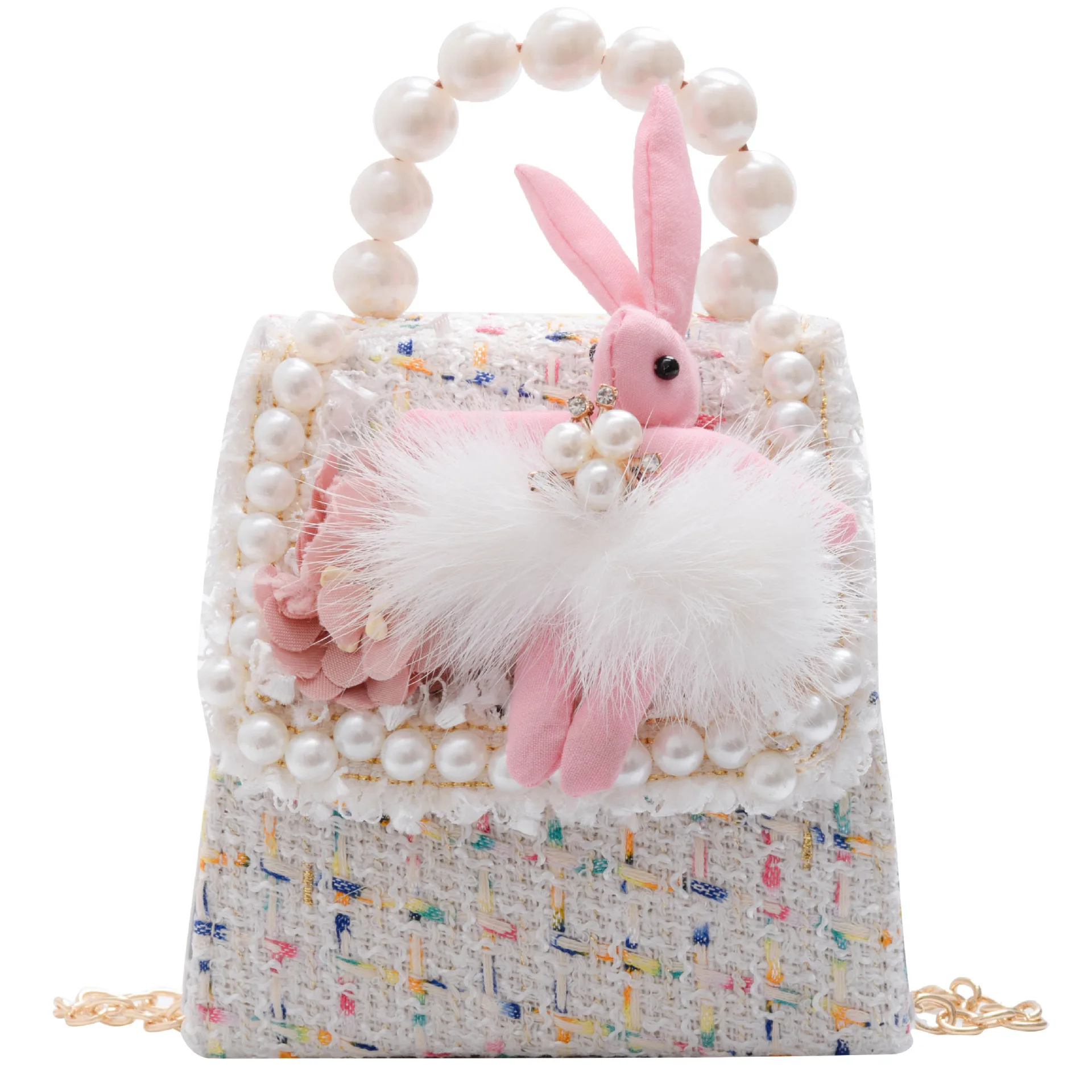 Girls Woolen Chain Messenger Bag Autumn Winter New Baby Mini Lovely Princess Pearl Handbag Children Rabbit Bag Fashion