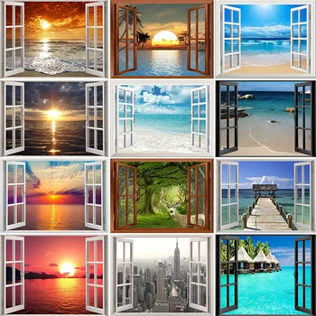 

5D Scenic DIY Diamond Painting Sunset Outside Window Full Diamond Embroidery Mosaic Landscape Seaside Decorations Home Art