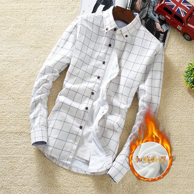 Plaid 03 4XL 5XL большой размер мужская деловая Повседневная клетчатая рубашка с длинными рукавами бархатная Толстая Теплая мужская деловая платье-рубашка в полоску плюс - Цвет: Plaid 03