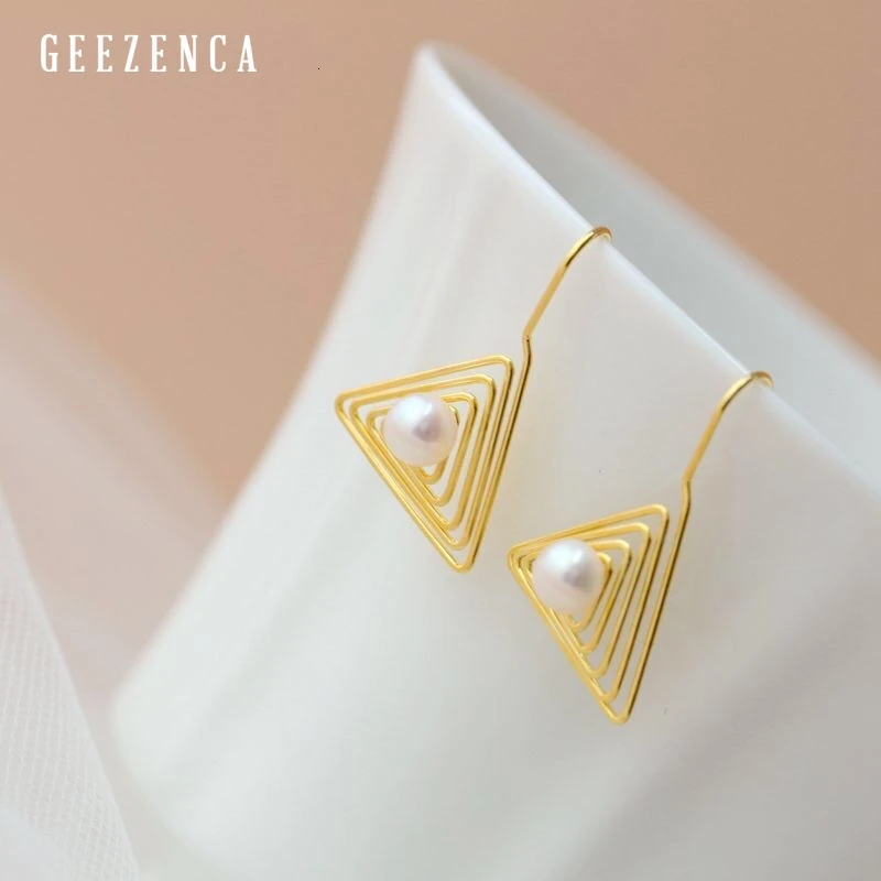 

925 Sterling Silver Gold Plated Natural Pearl Drop Earring Original Design Handmade Trendy Triangle Earrings Fine Jewelry Women