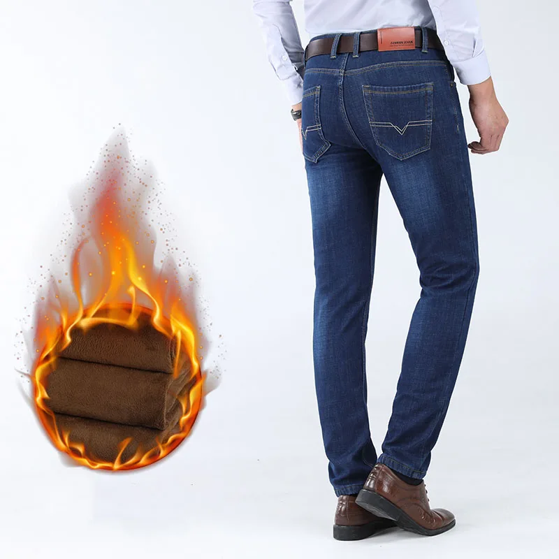 

2019 Winter Men's Fashion Loose Washed Fleece Thick Warm Jeans Pants Male Smart Casual Plus Velvet Size Trousers Men