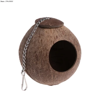

Pet Coconut Shell Bird Parrot Nest House Hut Cage Feeder Toy With Chain Budgie Parakeet Cockatiel Conure Hideaway Husk