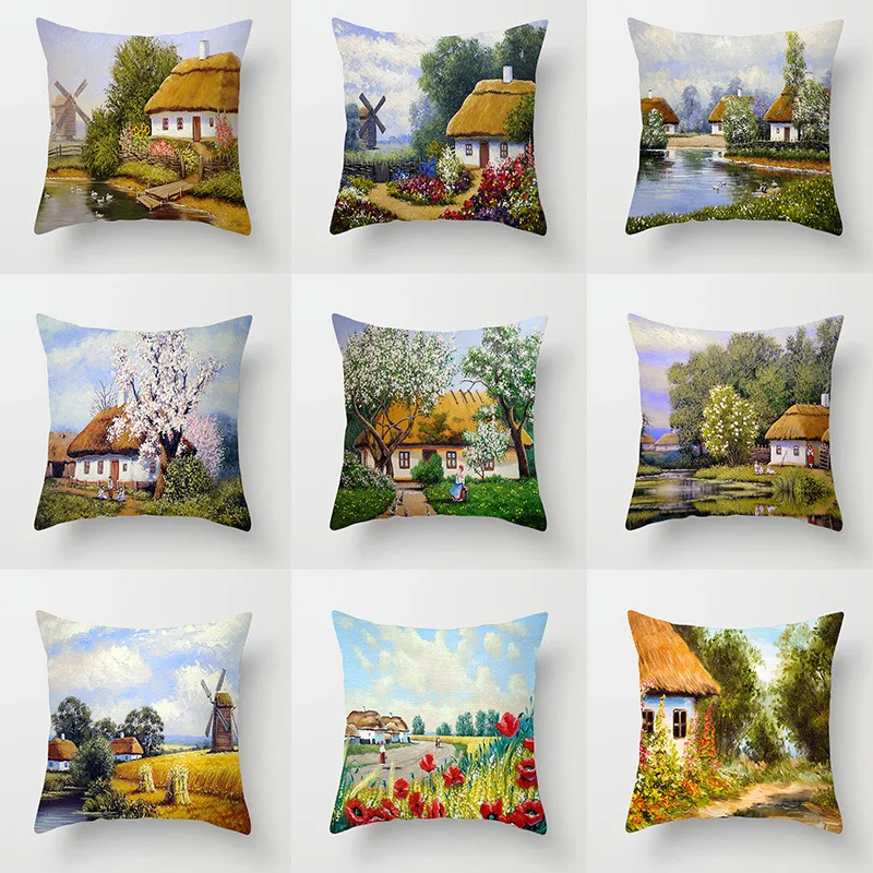 

Single-sided Printing Oil Painting Pillowcase American Country Landscape Bird Flower Cushion Cover Vintage Sofa Chair Home Decor