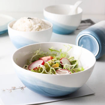 

Nordic Ceramic Bowl Dessert Salad Bowl Restaurant Western Bowl Large Soup Bowl Blue Pink Mountain Scenery