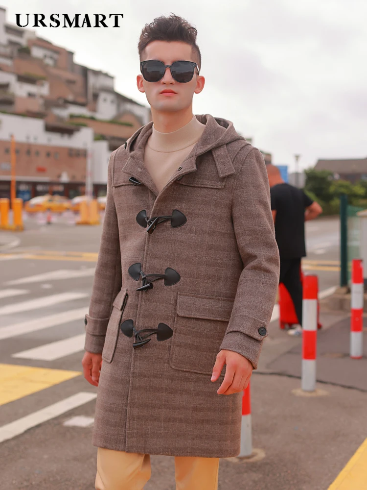 Horn button hooded wool tweed coat men's 2021 winter new thickened English check casual men's coat