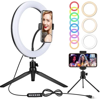 

10'' RGB Selfie Ring Light with Tripod Stand and Phone Holder Dimmable LED Desk Circle Lamp with 10 Colors Portable Halo Lights