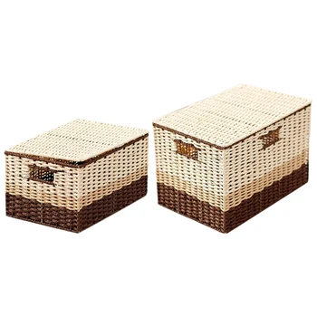 

Grass Woven Storage Basket with Lid Sundries Clothes Storage Basket Sorting Boxes Home Kitchen Organizer