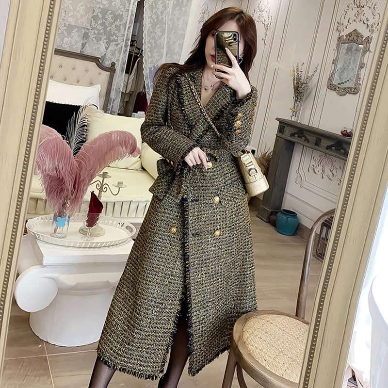 TWOTWINSTYLE, Лоскутная, с кисточками, в клетку, женские пальто, воротник с лацканами, длинный рукав, высокая талия, с поясом, куртка для женщин, мода, новинка