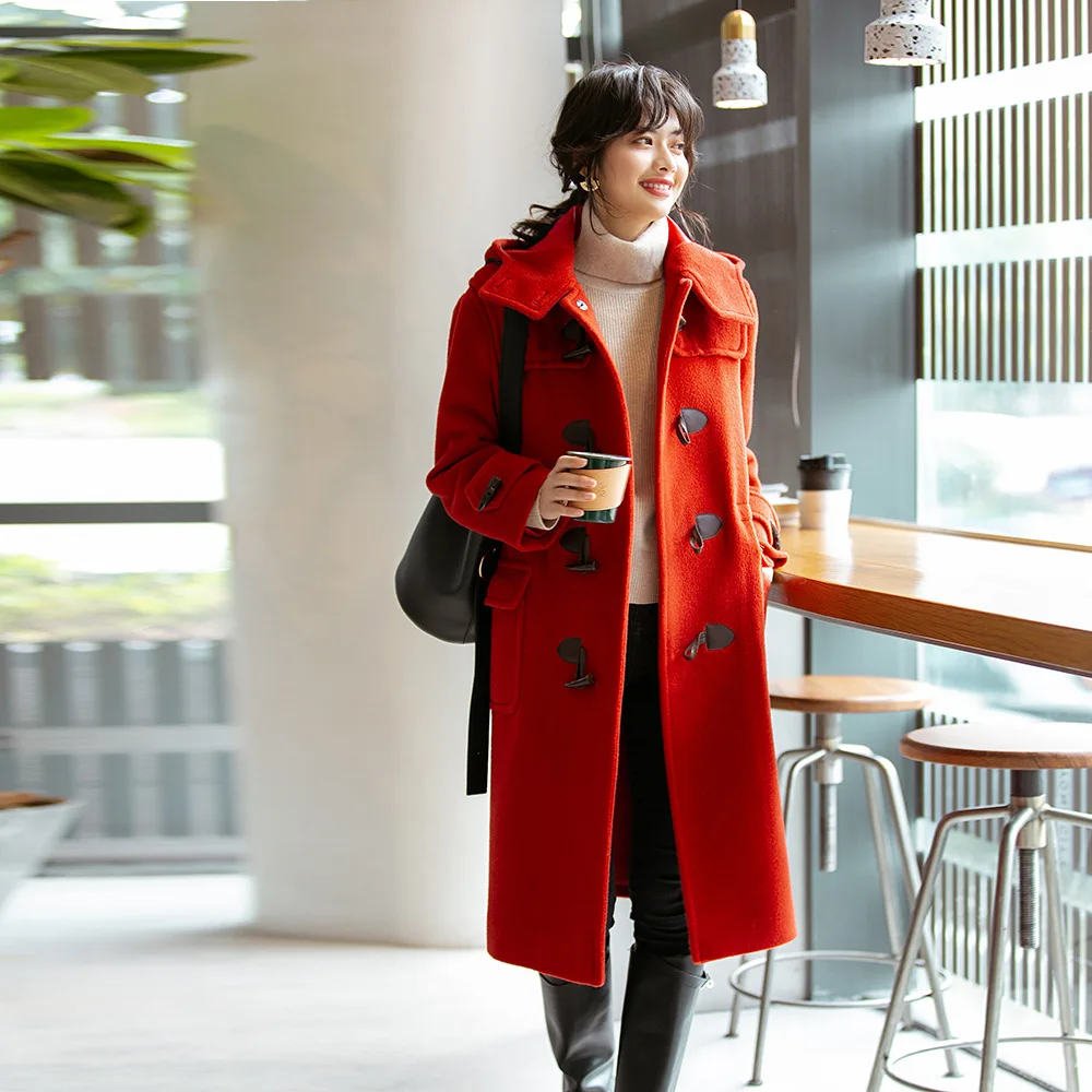 

Red Coat Women Winter Warm Alpaca Wool Coats with Hat Horn Buttons Duffle Coat Tunic Long Overcoat Silk sobretudo Luxury abrigos
