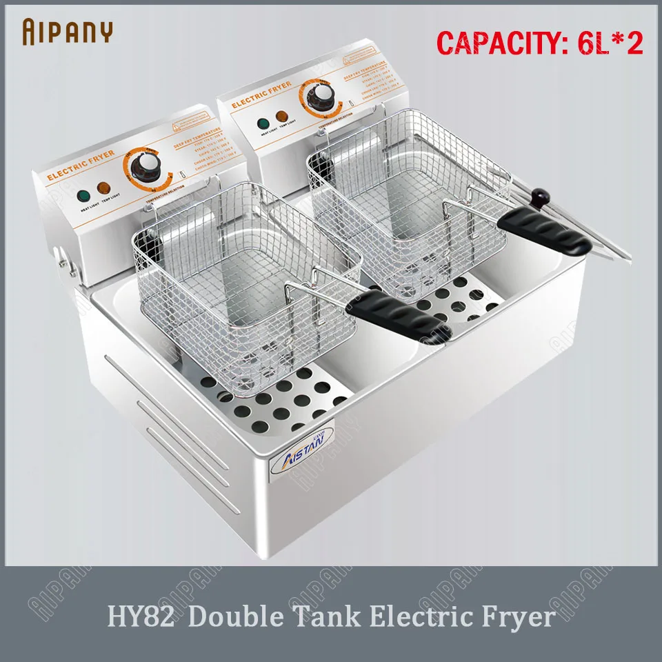 HY81/HY82 электрическая фритюрница с двумя решетками одиночный резервуар/двойной резервуар 6L/12L нефти фритюрница с емкость из нержавеющей стали чипсы машина для жарки - Цвет: HY82-Double Tank