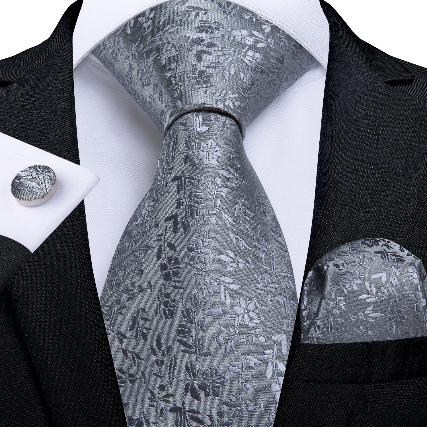 Новинка, дизайнерский мужской галстук, серый, Однотонный, Цветочный, Шелковый, Свадебный галстук для мужчин, Hanky, запонки, деловой, Подарочный галстук, набор для мужчин, DiBanGu SJT-7268