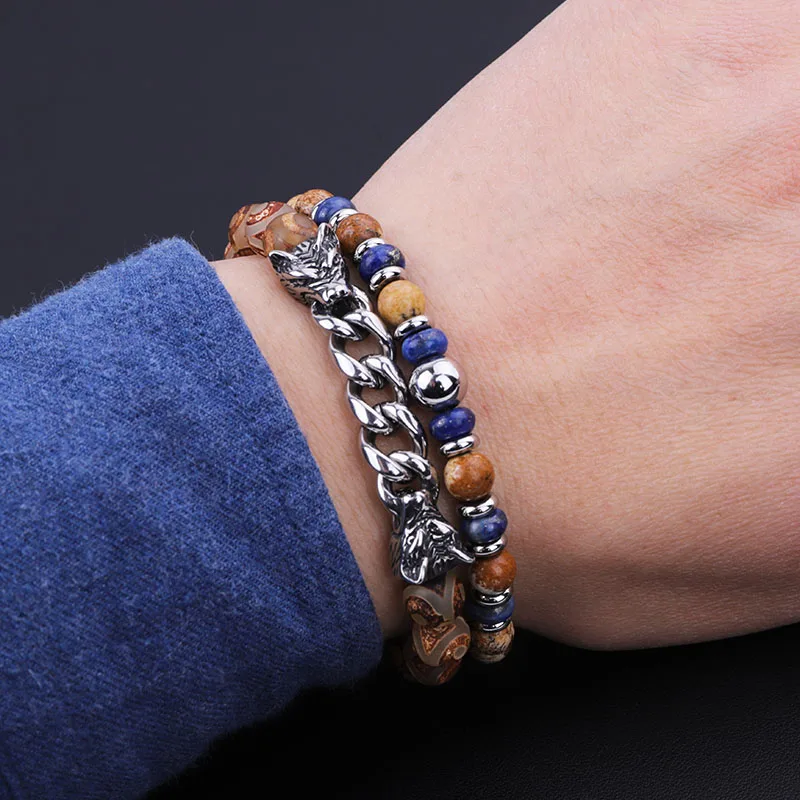 New Arrival High Quality Unique Design Natural Stone Stainless Steel Chain Wolf Charm Beaded Men Jewelry Elastic Bracelet Set