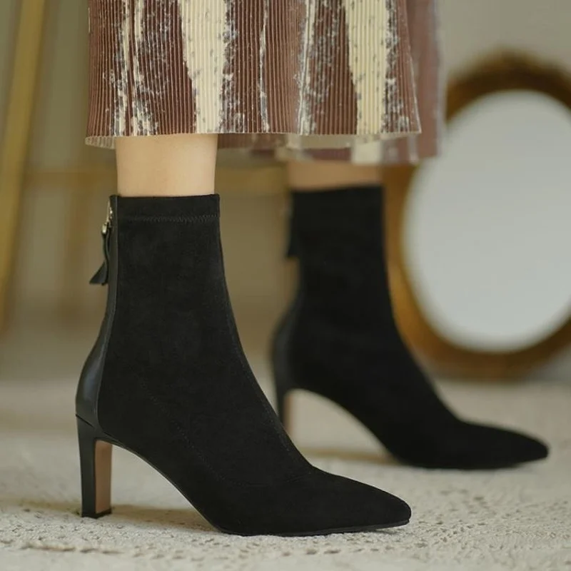 2021 Winter Autumn Women Ankle Boots Faux Suede High Heels Dress Shoes Black Pointed Toe Ladies Shoes Fashion Botas Mujer