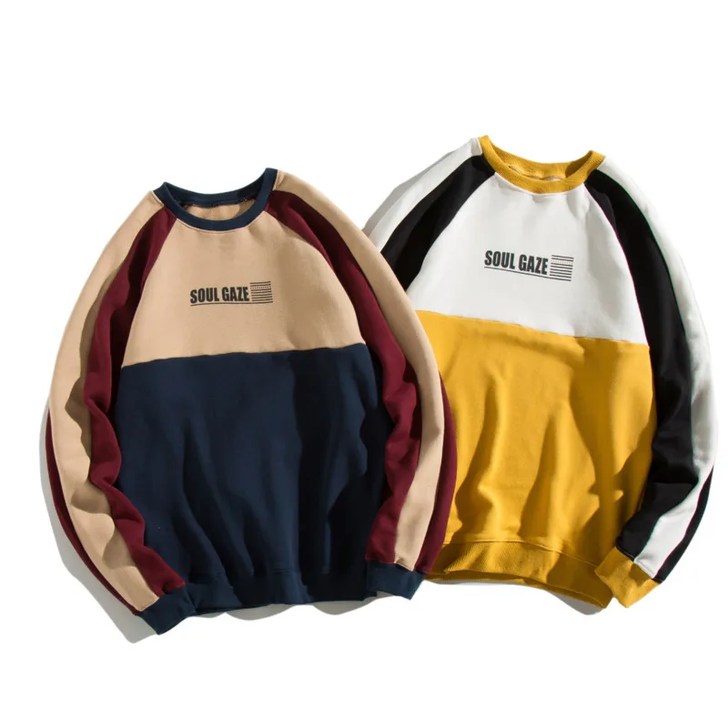 

2019 Men's Spring And Autumn New Casual Letter Stitching Round Neck Hoodies Loose Temperament Tide Cotton Harajuku