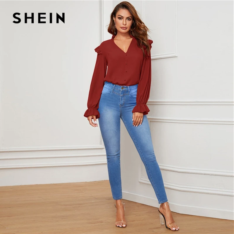 SHEIN Red Ruffle Trim Buttoned Front V Neck Blouse Top Women Spring Autumn Sheer Blouses Flounce Long Sleeve Solid Elegant Tops