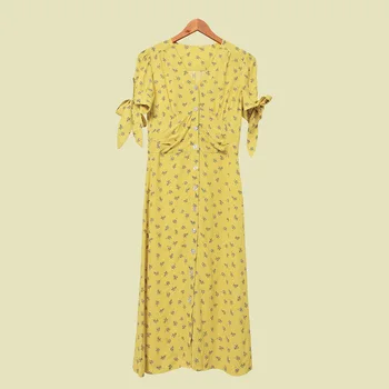 

2020 New Summer V-neck Floral Midi Dress Yellow Lace-up Puff Sleeve Single-breasted Retro Beach Long Dresses
