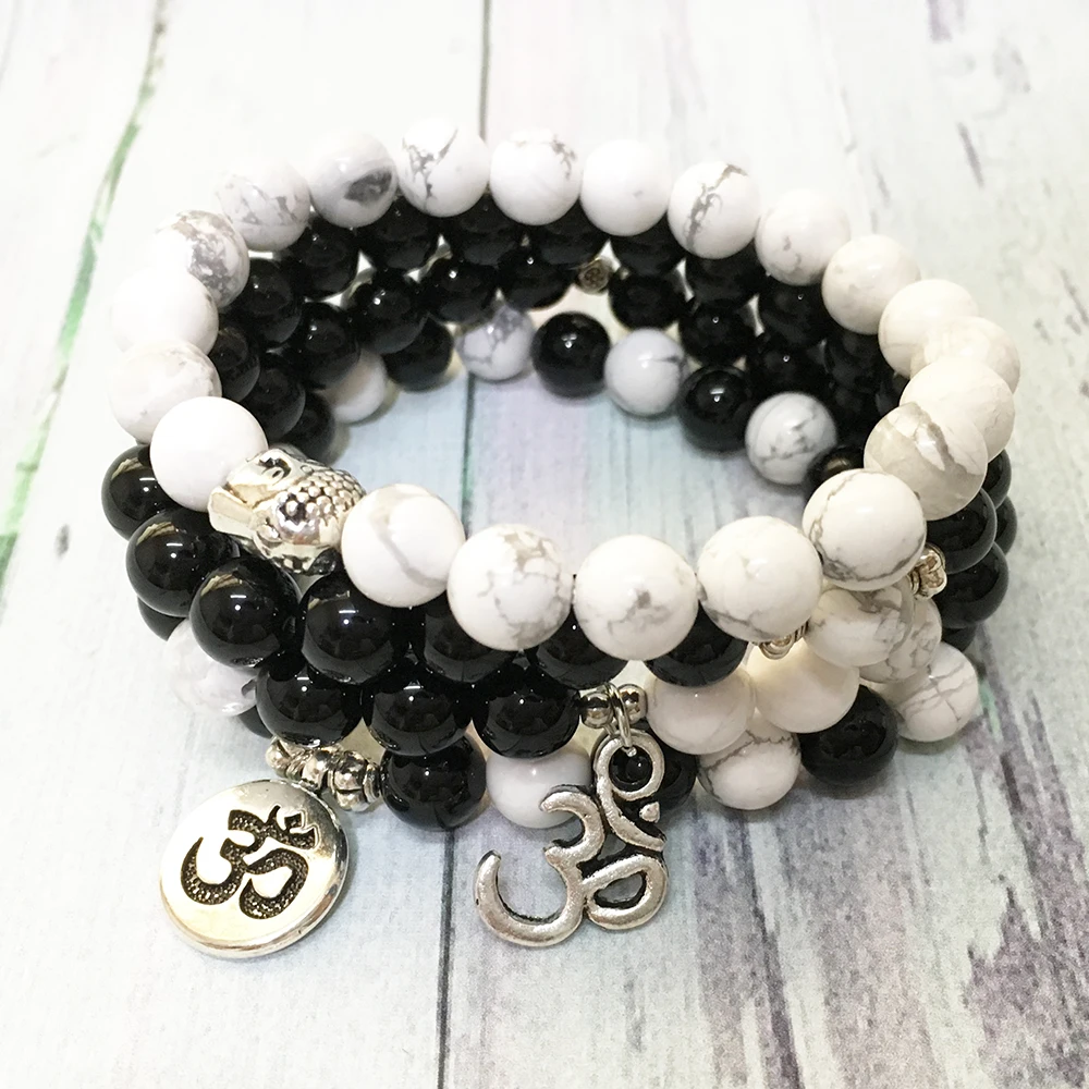 

Новый дизайн, роскошный набор браслетов из драгоценных камней MG0565, класс АА, черный оникс, женский браслет для духовных практик Howlite Ohm Energy