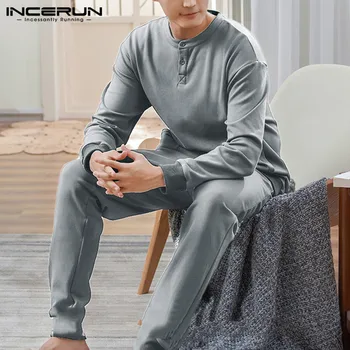 

Men Pajamas Sets Solid Long Sleeve O Neck Nightwear Tops Elastic Waist Pants Cozy Homewear Leisure Men's Sleepwear Sets INCERUN