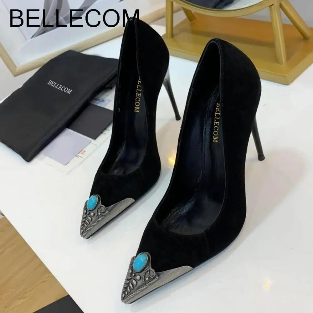 

BELLECOM Leather outsole autumn new metal pointed high heel fashion versatile shallow sole women's shoes stiletto platform heels