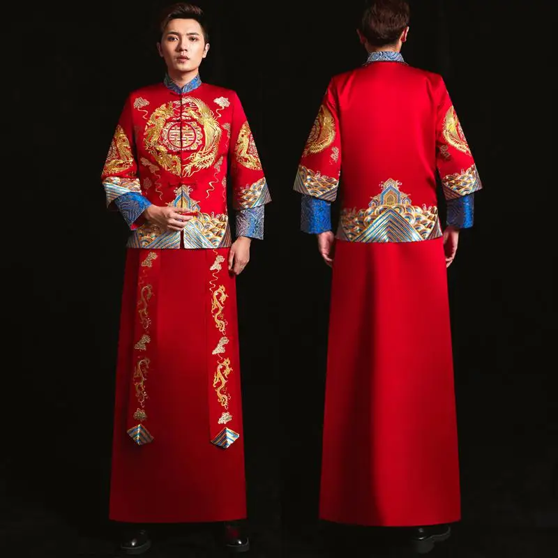 Длинный рукав Cheongsam для заморских китайских добавить горный хрусталь вечерние платья Феникс ручной работы вышитое платье-чанпао Восточное роскошное платье - Цвет: Men Red