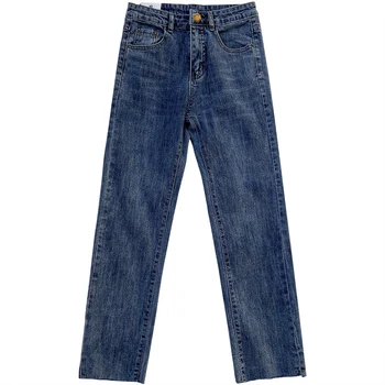 

Simple retro one buckle trousers elastic autumn and winter Slim was thin denim straight leg pants