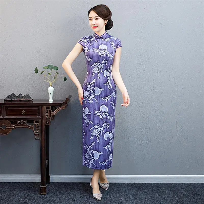 Элегантные атласные женские вечерние Qipao Цветочные Длинные китайские традиционные платья Восточный тонкий Cheongsam Винтаж Vestido Плюс Размер M-5XL