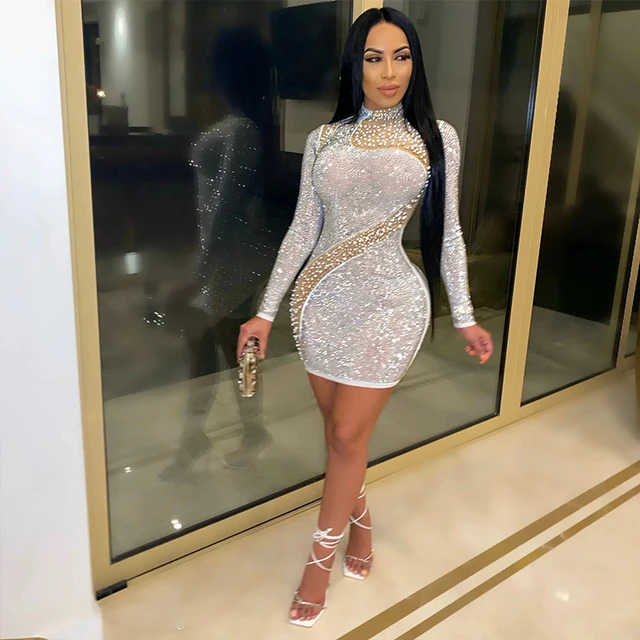 Summer Spring Party Club Wear Dress Outfits New Brand Women Sexy  See-through Mesh Diamond Dress Long Sleeve Bodycon Mini Dresses - Dresses -  AliExpress