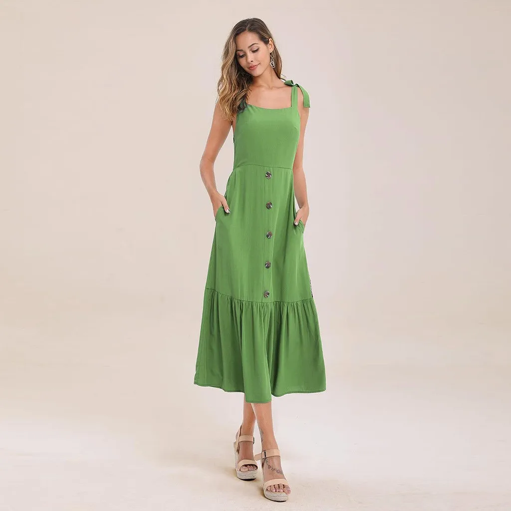 Womail Fashion Для женщин платье одежда без рукавов, на пуговицах, с карманами печатных платье Пляжное длинное платье, сексуальное платье, женская летняя обувь