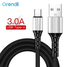 Orendil usb tipo c carregador cabo para redmi nota 8 pro carga rápida 3.0 usb c cabo de carregamento rápido usb fio para companheiro 10 20 30 pro