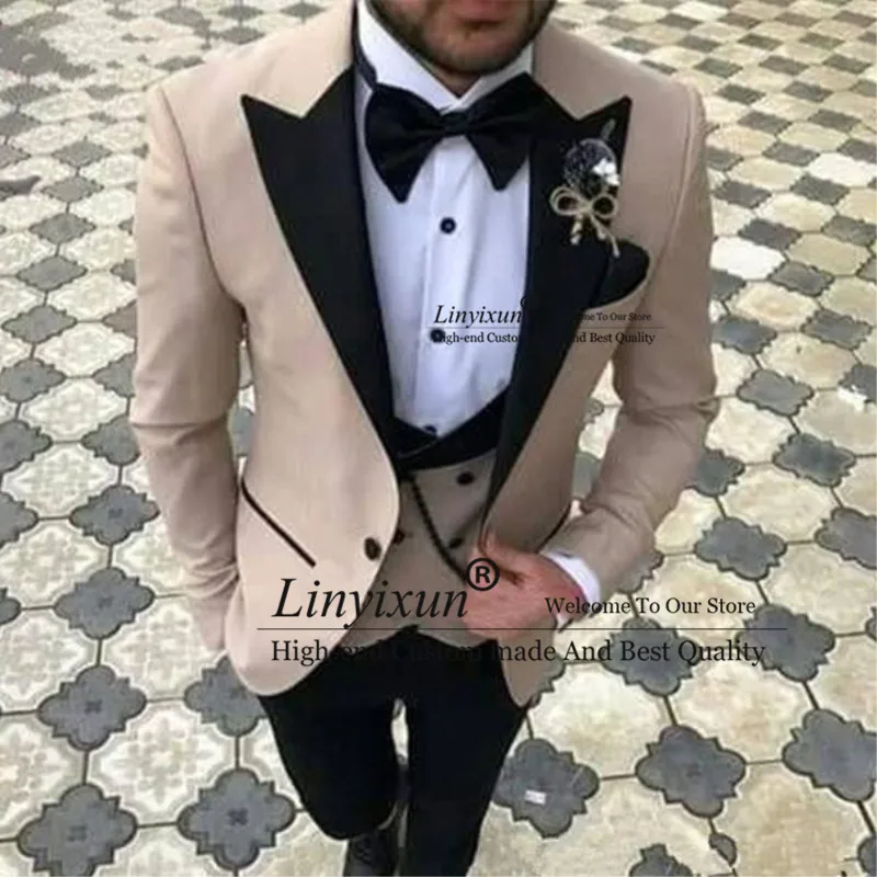 Green With Black Lapel Wedding Suits for Men Slim Fit Groom Tuxedos 3 Pieces Set Mens Suit Terno Masculino(Jacket+Pant+Vest)