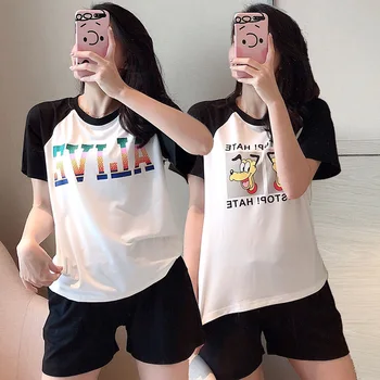 

2020 Summer Short Sleeve Cotton Shorts Pajama Sets Women Korean Cute Cartoon Sleepwear Pyjama Homewear Pijama Mujer Home Clothes