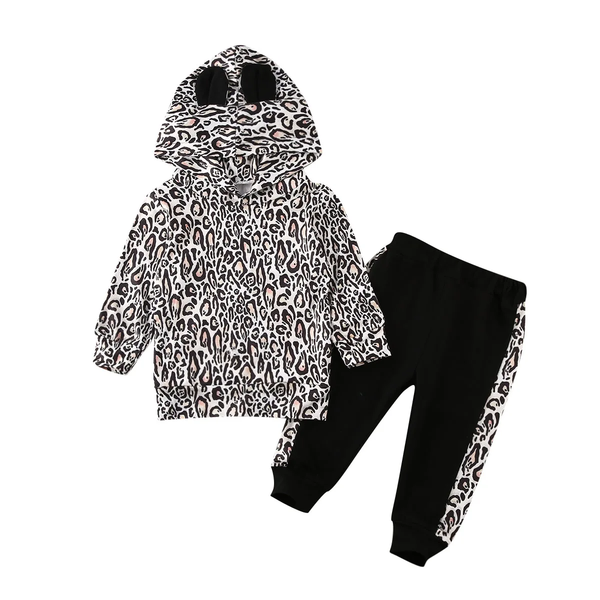 0-3T 2pcs Toddler Kids Baby Girl Outfits Long Sleeve Leopard Print Hooded Sweatshirt Hoodie Tops+Pants Outfit Set | Детская одежда и