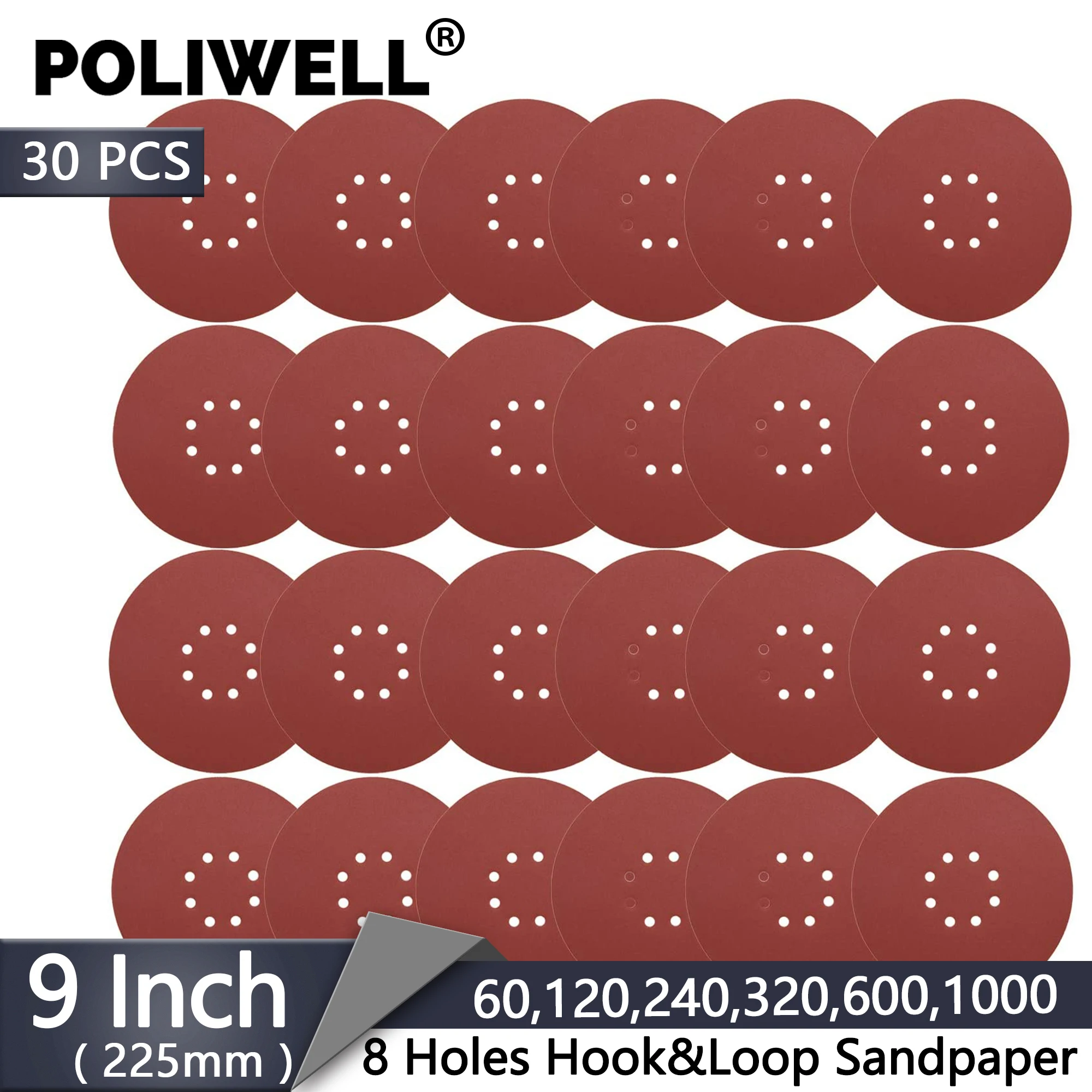 30Pcs 5 Inch 8 Holes Sanding Discs Oxide Sandpaper Assorted Grits Hook&Loop Pads