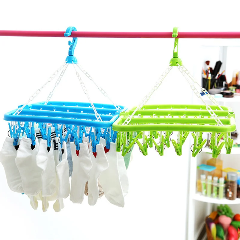 

Folding Laundry Holder Rack Plastic Portable Clothes Hanger with Clips Windproof Clothespin Socks Underwear Storage Drying Pegs
